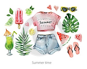 Watercolor summer set with palm leafs, fruits, ice cream, cold drink, watermelon and summer clothes. Hand drawn vintage
