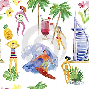 Watercolor summer set. people on the beach, sport, tropical background.seamless watercolor background.