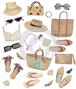 Watercolor summer time set with straw hats, straw bags, sunglasses, summer shoes, feathers, bracelet, necklace, shells, top. Fashi