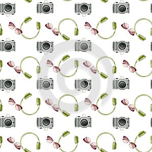 Watercolor summer trip accessories. Seamless bright pattern with photo camera,sunglasses and headphones.