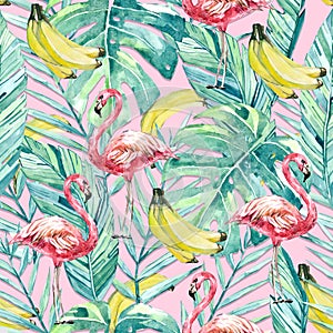 Watercolor summer tropical floral, fruit and bird, wildlife, seamless pattern tropical leaves, flamingo, banana.