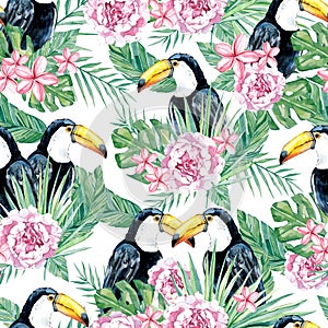 Watercolor summer tropical mood, bird seamless patettern, exotic birdlife for the textile fabric and wallpaper