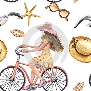 Watercolor summer style seamless pattern with hand drawn girl on a bicycle, starfish, seashell, seagull, sunglasses on white