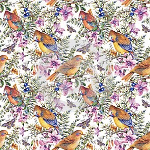 Watercolor summer vintage floral forest seamless pattern with birds, berries, moth, fern, pink flowers