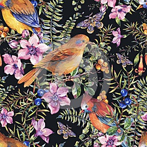 Watercolor summer vintage floral forest seamless pattern with birds, berries, moth, fern, pink flowers
