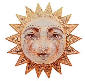 Watercolor sun with face, cute mystical watercolor drawing for astrology, boho design. Pagan divine illustration