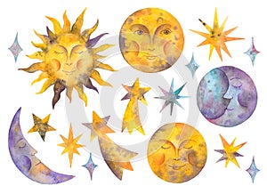 Watercolor sun, moon, stars and celestial bodies