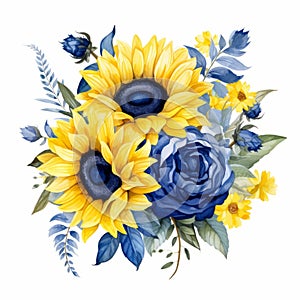 Watercolor Sunflower And Blue Roses Illustration