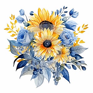 Watercolor Sunflower Bouquet With Blue Leaves