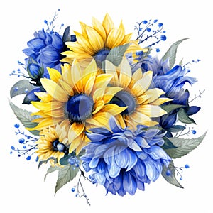 Watercolor Sunflower Bouquet Print - Accurate And Detailed Blue And Yellow Flowers photo