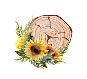 Watercolor sunflower bouquet. Wooden wheel and sunflowers. Farmhouse rustic clipart isolated on white background..