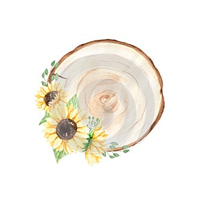 Watercolor Sunflower Clipart, Wood Slice, Sunflowers Bouquet Illustration, Wedding Wreath, Floral Clipart