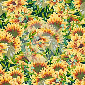 Watercolor sunflower in a seamless pattern