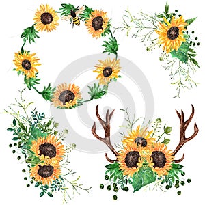 Watercolor sunflower wreath,bouquets and deer antlers with flowers.