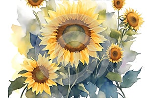 Watercolor sunflowers background, abstract flowers made from watercolor paint splashes