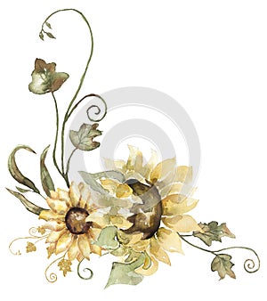 Watercolor sunflowers bouquet clipart. Autumn florals corner border illustration, field flower arrangement