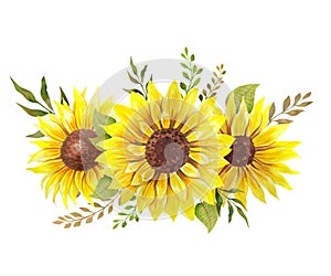 Watercolor sunflowers bouquet, hand painted sunflower bouquets, sunfower flower arrangement. Wedding invitation clipart elements.