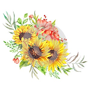 Watercolor sunflowers bouquet, hand painted sunflower bouquets, sunfower flower arrangement. Wedding invitation clipart elements.