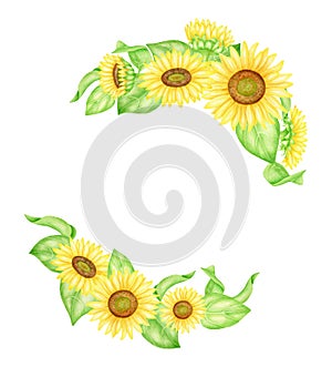 Watercolor sunflowers frame. Hand painted wreath with yellow farm flowers and leaves isolated on white background. Round