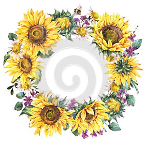 Watercolor sunflowers summer vintage wreath. Natural yellow floral frame
