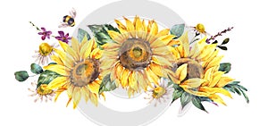 Watercolor sunflowers summer vintage wreath. Natural yellow floral greeting card