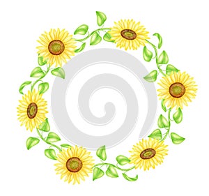 Watercolor sunflowers wreath illustration. Hand drawn round frame with bright yellow flowers and leaves isolated on