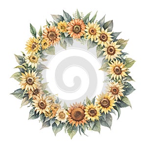 Sunflower wreath with leaves painted in watercolor style