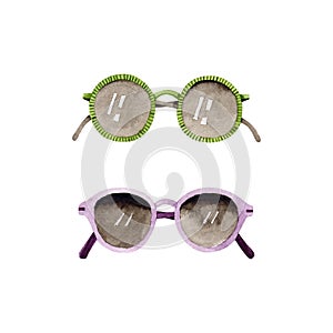 Watercolor sunglasses. Summer vacation items isolated on white. Greenery and wine color. Hand painted set