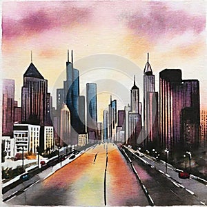 Watercolor of sunset in the city