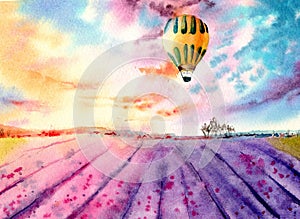 Watercolor sunset on the lavender field