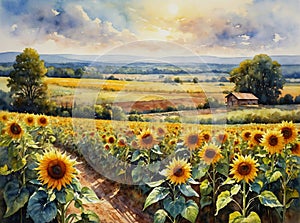 Watercolor sunset over sunflower fields