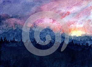 watercolor sunset sky background. watercolor abstract landscape at sunset or sunrise. painted illustration of evening or morning