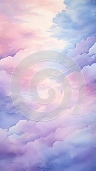 Watercolor Sunset Sky Clouds Pattern Background. Amazing Sky Scene Pastel Colored Gently Soft Atmosphere.