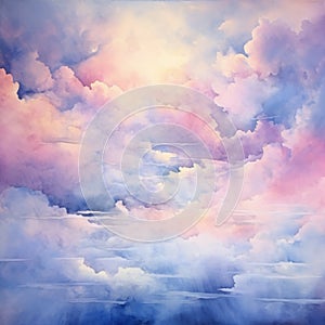 Watercolor Sunset Sky Clouds Pattern Background. Amazing Sky Scene Pastel Colored Gently Soft Atmosphere.