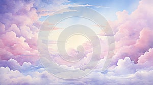 Watercolor Sunset Sky Clouds Pattern Background. Amazing Sky Scene Pastel Colored Gently Soft Atmosphere.