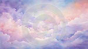 Watercolor Sunset Sky Clouds Pattern Background. Amazing Sky Scene Pastel Colored Gently Soft Atmosphere.