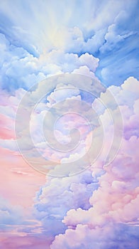 Watercolor Sunset Sky Clouds Pattern Background. Amazing Sky Scene Pastel Colored Gently Soft Atmosphere.