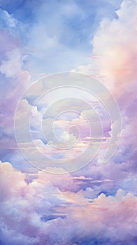 Watercolor Sunset Sky Clouds Pattern Background. Amazing Sky Scene Pastel Colored Gently Soft Atmosphere.