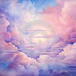 Watercolor Sunset Sky Clouds Pattern Background. Amazing Sky Scene Pastel Colored Gently Soft Atmosphere.