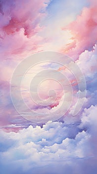 Watercolor Sunset Sky Clouds Pattern Background. Amazing Sky Scene Pastel Colored Gently Soft Atmosphere.