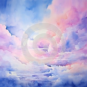 Watercolor Sunset Sky Clouds Pattern Background. Amazing Sky Scene Pastel Colored Gently Soft Atmosphere.