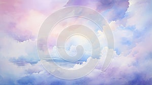 Watercolor Sunset Sky Clouds Pattern Background. Amazing Sky Scene Pastel Colored Gently Soft Atmosphere.