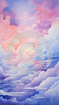 Watercolor Sunset Sky Clouds Pattern Background. Amazing Sky Scene Pastel Colored Gently Soft Atmosphere.