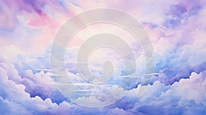 Watercolor Sunset Sky Clouds Pattern Background. Amazing Sky Scene Pastel Colored Gently Soft Atmosphere.