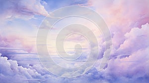 Watercolor Sunset Sky Clouds Pattern Background. Amazing Sky Scene Pastel Colored Gently Soft Atmosphere.