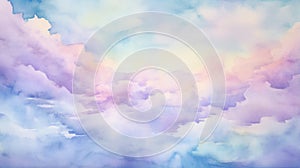 Watercolor Sunset Sky Clouds Pattern Background. Amazing Sky Scene Pastel Colored Gently Soft Atmosphere.