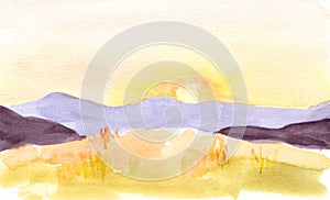Watercolor sunset or sun rise in mountains