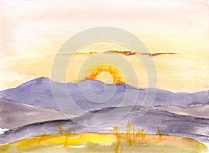 Watercolor sunset or sun rise in mountains