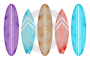 Watercolor surfboards illustration. Hand drawn summer sport set isolated on white background. Sea wave extreme surf