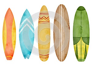 Watercolor surfboards set. Hand drawn colorful surf board illustration isolated on white background. Sea wave extreme